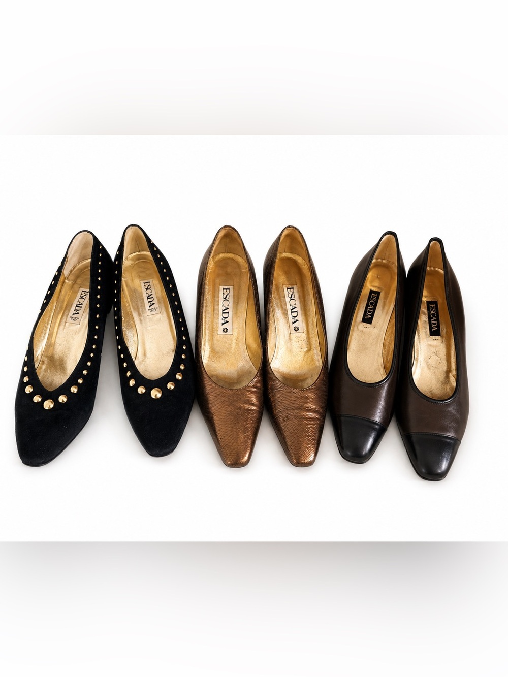 3 pairs Escada vintage heels. Need new heel tips. Two are 9.5, black studded- 9